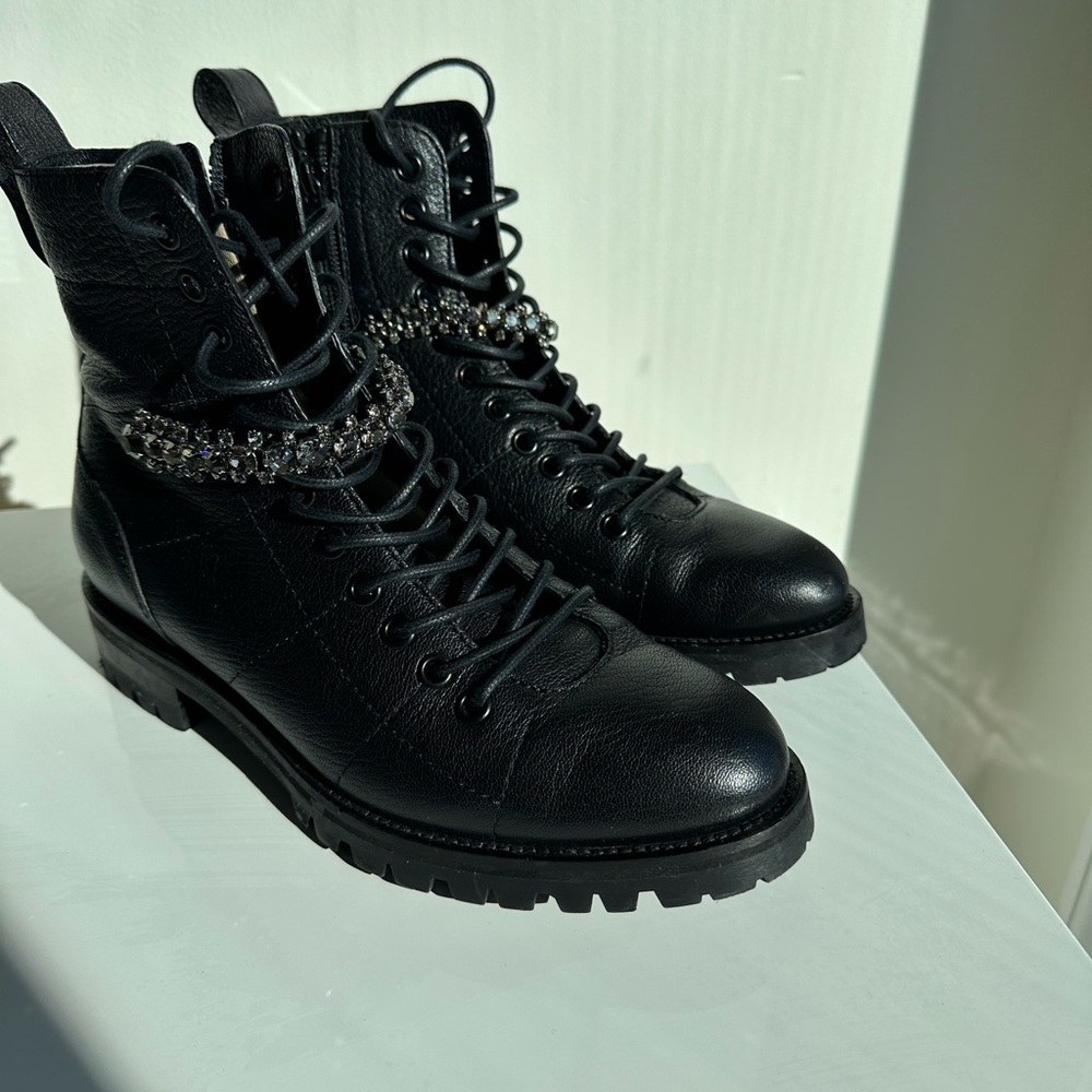Jimmy Choo Black Combat Boots with Rugged Sole and Lace-Up Design